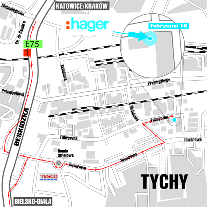 Hager Polo Sp. z o.o. Tychy - Mapa dojazdowa Hager Polo Sp. z o.o. Tychy - Mapa dojazdowa